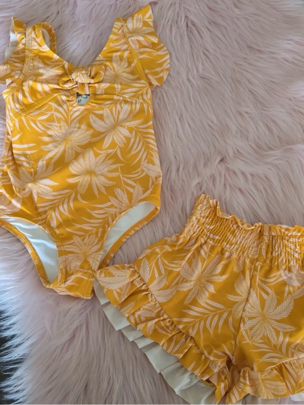 NWOT Jessica Sinoson Girls' Yellow Palm-Print One-Piece Swimsuit + Shorts